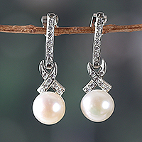 Rhodium-plated cultured pearl dangle earrings, 'Oceanic Sparks' - Indian Rhodium-Plated Natural Cream Pearl Dangle Earrings