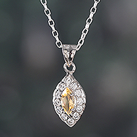 Rhodium-plated citrine pendant necklace, 'Leaf of Success' - Leaf-Shaped Rhodium-Plated 1-Carat Citrine Pendant Necklace