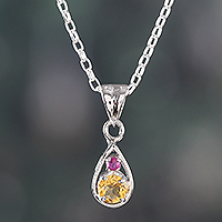 Rhodium-plated citrine and ruby pendant necklace, 'Successful Caprice' - Faceted Round Citrine and Ruby Pendant Necklace from India