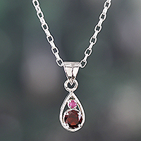 Rhodium-plated garnet and ruby pendant necklace, 'Romantic Caprice' - Round Garnet and Ruby Pendant Necklace Handmade in India