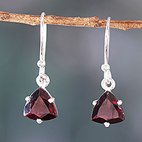 Garnet dangle earrings, 'Gem of Lovers' - Natural 5-Carat Triangle Garnet Dangle Earrings from India