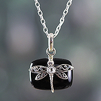 Onyx and quartz pendant necklace, 'Mysterious Flutter' - Dragonfly-Themed Black Onyx Pendant Necklace with Quartz Gem