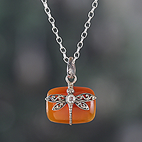 Carnelian and quartz pendant necklace, 'Courageous Flutter' - Natural Carnelian Dragonfly Pendant Necklace with Quartz Gem