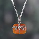 Carnelian and quartz pendant necklace, 'Courageous Flutter' - Natural Carnelian Dragonfly Pendant Necklace with Quartz Gem