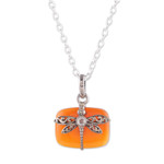 Carnelian and quartz pendant necklace, 'Courageous Flutter' - Natural Carnelian Dragonfly Pendant Necklace with Quartz Gem