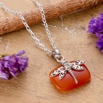 Carnelian and quartz pendant necklace, 'Courageous Flutter' - Natural Carnelian Dragonfly Pendant Necklace with Quartz Gem