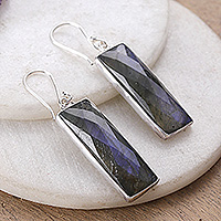 Labradorite dangle earrings, 'Idol of Clarity' - Polished 28-Carat Checkerboard Labradorite Dangle Earrings