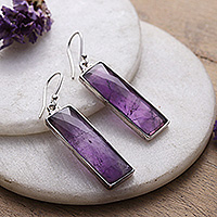 Amethyst dangle earrings, 'Idol of Wisdom' - Faceted 28-Carat Checkerboard Cut Amethyst Dangle Earrings