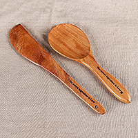 Wood spatulas, 'Ingredient of Love' (set of 2) - Inspirational Hand-Carved 2-Piece Neem Wood Spatula Set