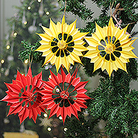 Paper ornaments, 'Summer Carnival' (set of 4) - Handcrafted Set of 4 Floral Yellow and Red Paper Ornaments