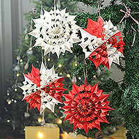 Paper ornaments, 'Merry Blossoms' (set of 4) - Holiday-Themed Set of 4 Red and White Floral Paper Ornaments