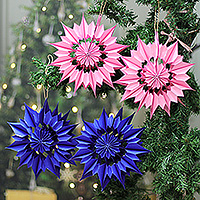 Paper ornaments, 'Magical Carnival' (set of 4) - Artisan-Made Set of 4 Blue and Pink Flower Paper Ornaments