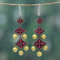 Ceramic chandelier earrings, 'Muse of Flowers' - Hand-Painted Floral Burgundy Ceramic Chandelier Earrings