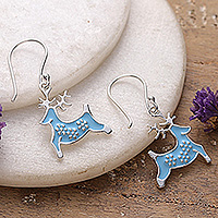 Sterling silver dangle earrings, 'Heavenly Reindeer' - Painted Blue Enamel Sterling Silver Reindeer Dangle Earrings