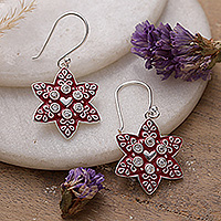 Sterling silver dangle earrings, 'Loving Constellation' - Romantic Red Enamel and Cubic Zirconia Star Dangle Earrings