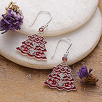 Sterling silver dangle earrings, 'Crimson Christmas' - Christmas Tree-Shaped Crimson Cubic Zirconia Dangle Earrings