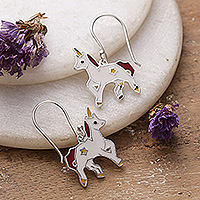 Sterling silver dangle earrings, 'Unicorn Spell' - Fantasy-Themed Enamel Sterling Silver Unicorn Dangle Earring