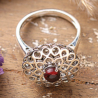 Garnet cocktail ring, 'Scarlet Puissance' - Jali-Themed Natural Garnet Cabochon Cocktail Ring from India