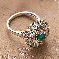 Onyx cocktail ring, 'Green Puissance' - Indian-Made Jali-Patterned Green Onyx Cabochon Cocktail Ring