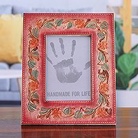 Leather photo frame, 'Blossoming Warmth' (4x6) - Floral and Leafy Embossed Leather Photo Frame in Warm Hues