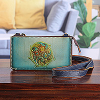 Leather sling bag, 'Circle of Blooms' - Blue Leather Sling with Floral Design and Removable Strap