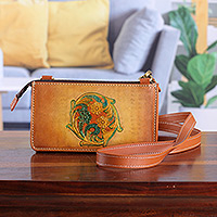 Leather sling, 'Cycle of Summer' - Handmade Floral Copper Brown Zippered Leather Clutch Sling