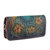 Leather sling, 'Blooming Regality' - Floral Embossed Teal and Goldenrod Leather Clutch Sling