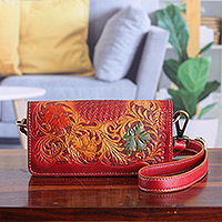 Leather sling, 'Blooming Ecstasy' - Artisan-Made Floral Crimson and Caramel Leather Clutch Sling