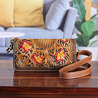 Leather sling, 'Blooming Elation' - Handcrafted Floral Copper and Caramel Leather Clutch Sling