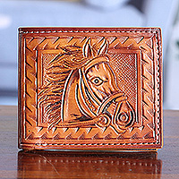 Men's leather wallet, 'Horse Power' - Horse-Themed Hand-Tooled Bifold Leather Wallet for Men