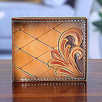 Men's leather wallet, 'Noble Era' - Baroque-Inspired Men's Copper and Mahogany Leather Wallet