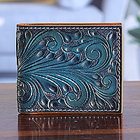 Men's leather wallet, 'Artful Gentlemen' - Men's Handmade Baroque Vine-Patterned Leather Wallet in Teal