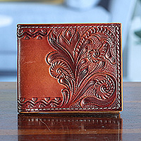 Leather wallet, 'Vintage Sienna' - Bifold Leather Wallet with Hand-Tooled Swirling Vine Design