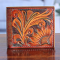 Leather wallet, 'Sunflower Dreams' - Bifold Leather Wallet with Hand-Tooled Sunflower Vine Motifs