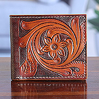 Leather wallet, 'Floral Swirls' - Hand-Tooled Bifold Leather Wallet with Floral and Leaf Motif