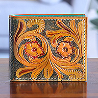 Leather wallet, 'Swirling Floral Vines' - Hand-Tooled Bifold Leather Wallet with Swirling Floral Vines