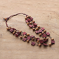 Wood beaded strand necklace, 'Rustic Incantation' - Bohemian Burgundy and Brown Wood Beaded Strand Necklace