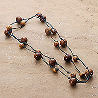 Wood beaded station necklace, 'Grey Planets' - Fair Trade Brown and Grey Haldu Wood Beaded Station Necklace