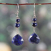 Lapis lazuli dangle earrings, 'Blue Liaison' - Sterling Silver and Lapis Lazuli Dangle Earrings from India