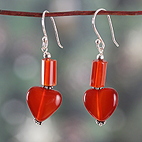 Carnelian dangle earrings, 'Novel Romance' - Romantic Minimalist Heart-Shaped Carnelian Dangle Earrings