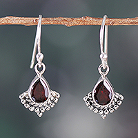 Garnet dangle earrings, 'Red Artistry' - Garnet and Silver Dangle Earrings with Rope and Dot Accents