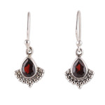 Garnet dangle earrings, 'Red Artistry' - Garnet and Silver Dangle Earrings with Rope and Dot Accents