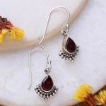 Garnet dangle earrings, 'Red Artistry' - Garnet and Silver Dangle Earrings with Rope and Dot Accents