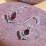 Garnet dangle earrings, 'Red Artistry' - Garnet and Silver Dangle Earrings with Rope and Dot Accents