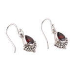 Garnet dangle earrings, 'Red Artistry' - Garnet and Silver Dangle Earrings with Rope and Dot Accents