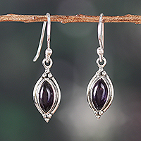 Amethyst dangle earrings, 'Purple Flare' - Silver Dangle Earrings with Marquise-Shaped Amethyst Stones