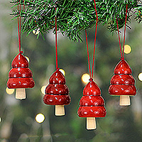 Wood ornaments, 'Red Jingle' (set of 4) - Hand-Painted Set of 4 Red Wood Channapatna Tree Ornaments