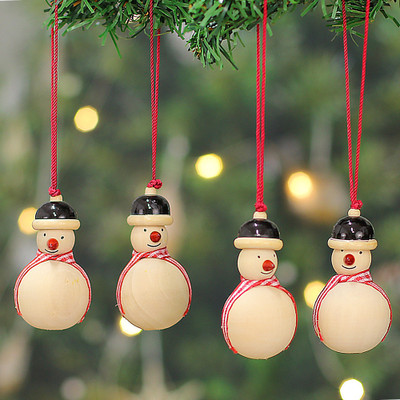 Wood ornaments, 'Joyful Snowmen' (set of 4) - Christmas-Themed Wooden 4-Piece Set of Snowman Ornaments