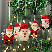 Wool felt ornaments, 'Santa Facets' (set of 5) - Santa Claus-Themed 5-Piece Wool Felt Ornament Set from India