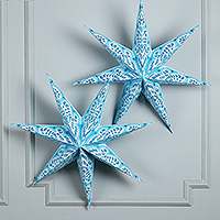 Paper wall accents, 'Winter Constellation' (pair) - Blue and White Star-Shaped Paper Wall Accent Pair from India